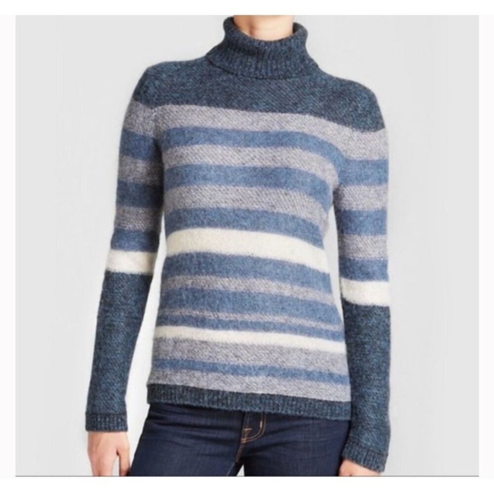 Tory Burch Tricia Blue Alpaca Wool Horizontal Striped Turtleneck Sweater Medium